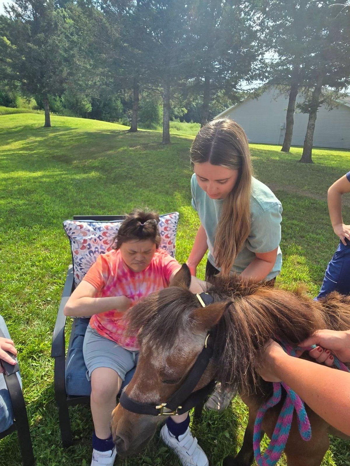 A seated woman reaches toward a small brown pony held by a handler.