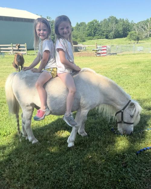 Buttons, a golden pony, giving two young girls a bareback ride together in the pasture.