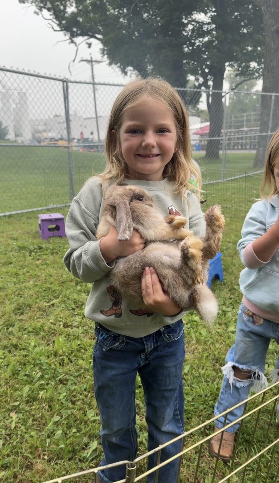 A child holds a lop-eared rabbit inside a fenced pen in an outdoor pen.