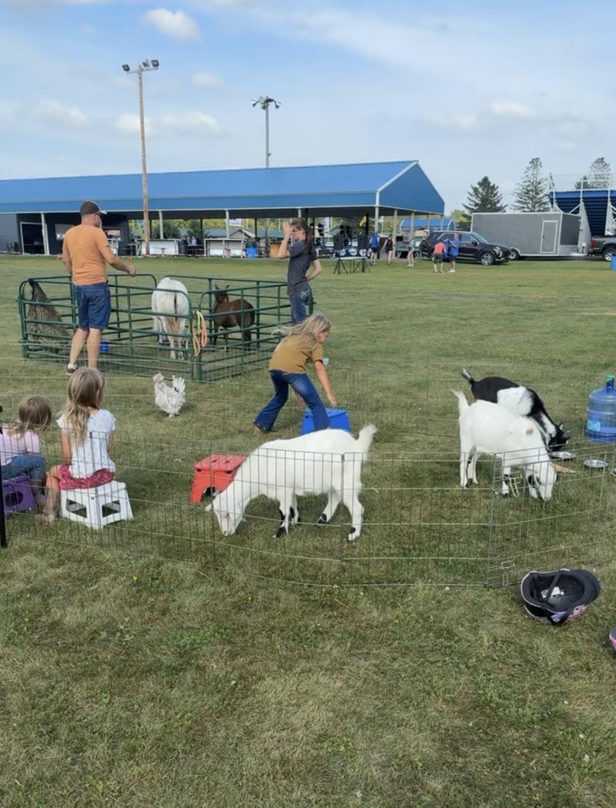 Children and adults interact with goats and a donkey in fenced pens with a pavilion building behind.
