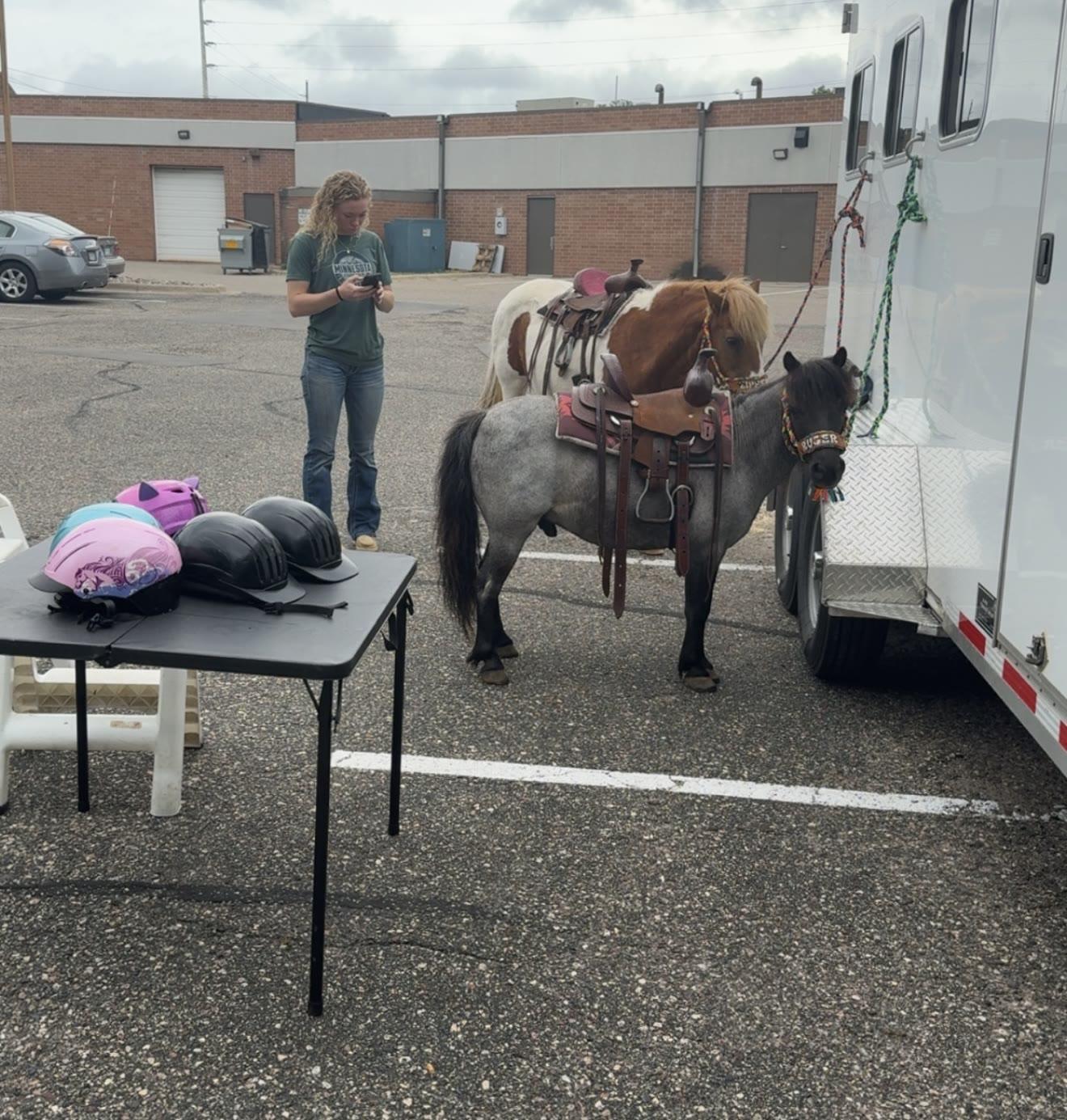 A saddled pinto pony and a gray pony stand tied to a trailer in a parking lot beside a table of riding helmets.