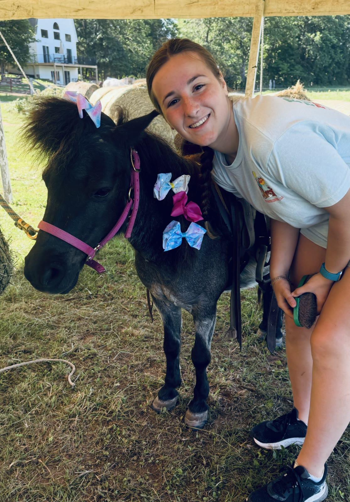 A teenage staff member brushes a dark gray pony wearing decorative hair bows, under a tent with hay bales nearby.